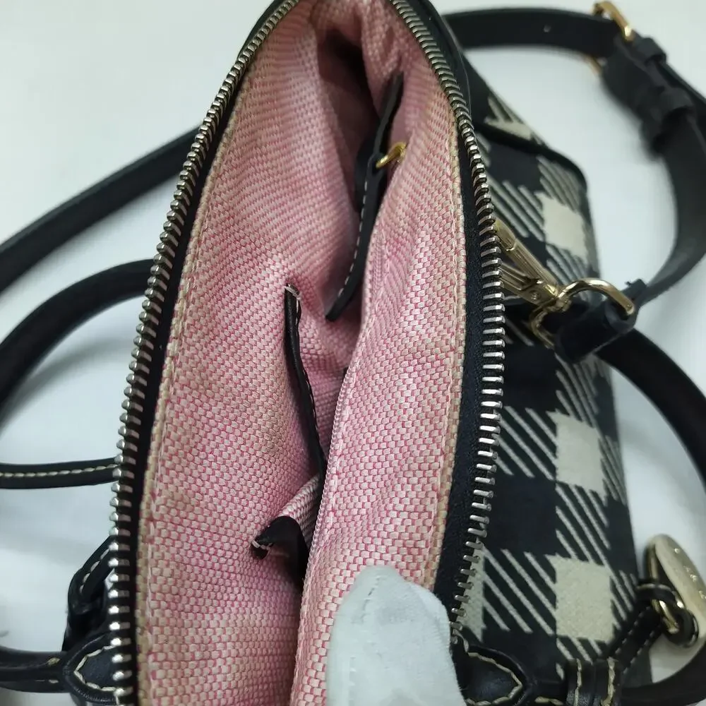 Dooney & Bourke Black White Checker Canvas Leather Trim Top Handle Satchel Bag